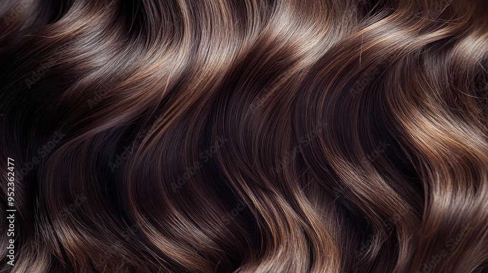 Naklejka premium Close-up of wavy brunette hair cascading over the shoulders, with soft curls framing the face, showing texture and shine.