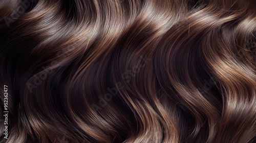 Close-up of wavy brunette hair cascading over the shoulders, with soft curls framing the face, showing texture and shine.