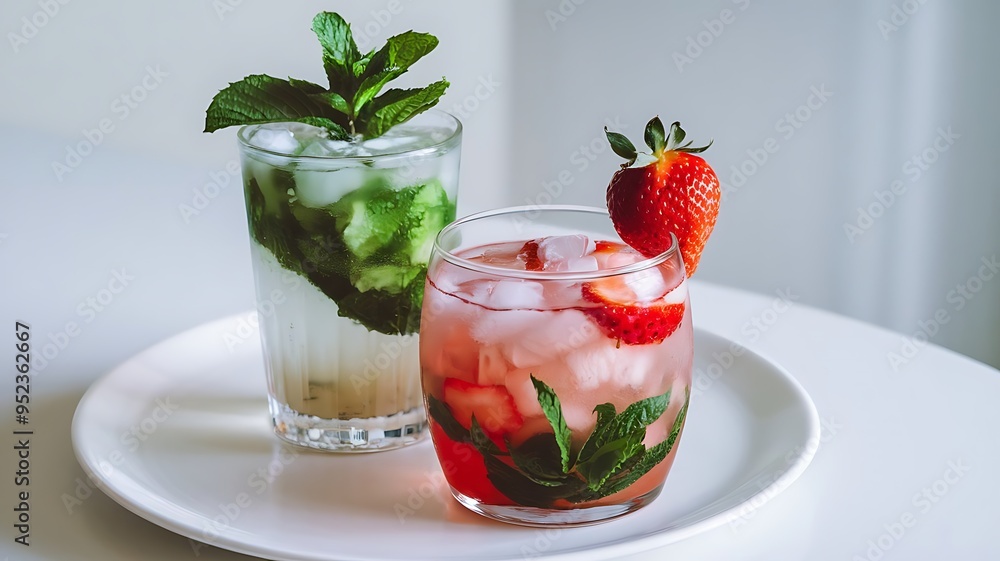 Two mojito cocktails with strawberry and lime fruits isolated on white background Two mojito cocktails with strawberry and lime fruits isolated on white background