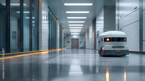 A small robot navigates a modern hallway lit by LED lights. photo