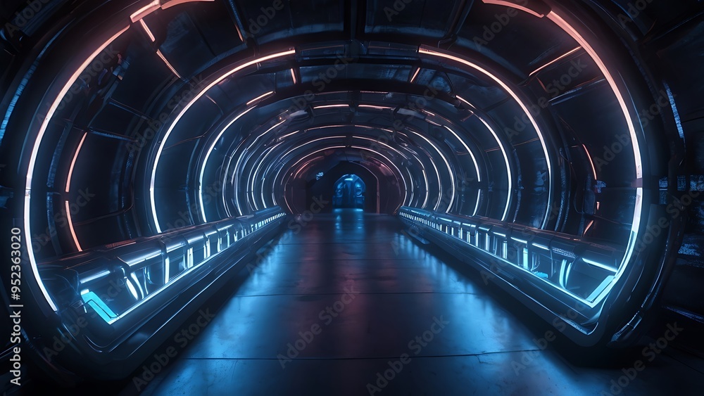 A tunnel that is dark and lit by lasers, with futuristic neon lighting and metal panels A tunnel that is dark and lit by lasers, with futuristic neon lighting and metal panels