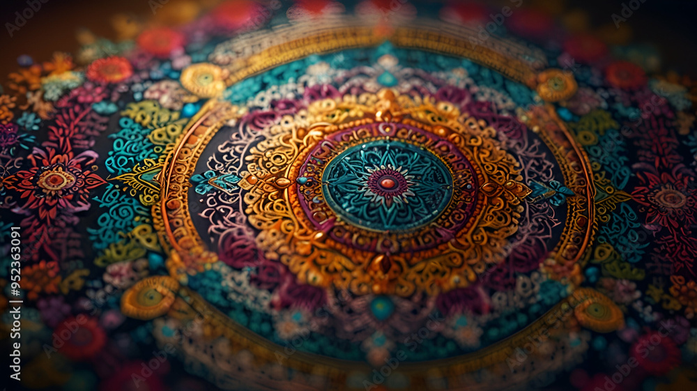 An intricate mandala design with vibrant colors and symmetrical patterns radiating from the center. Background An intricate mandala design with vibrant colors and symmetrical patterns radiating from the center. Background
