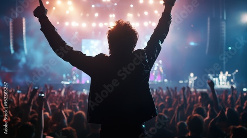 A rock star performs on stage in front of a large crowd silhouette. Cyberpunk tone Bokeh photo