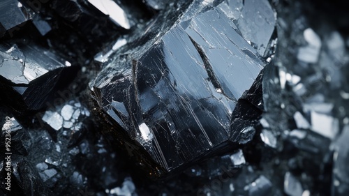 Polished tektite with a dark, glossy finish, displayed in a close-up shot that emphasizes its natural texture and reflective properties. photo