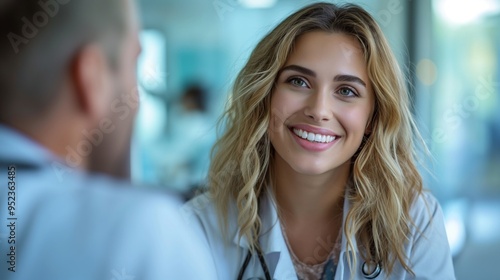 A smiling doctor in a white coat with a stethoscope, engaged in conversation with a blurred colleague.