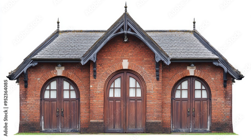 A symmetrical brick building with three arched doors and a gabled roof. A symmetrical brick building with three arched doors and a gabled roof.