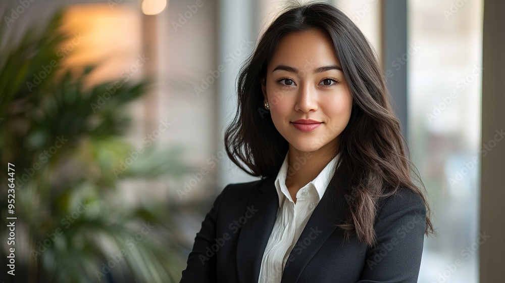 Fototapeta premium Professional headshot of a woman in a business suit with a soft focus and clean backdrop
