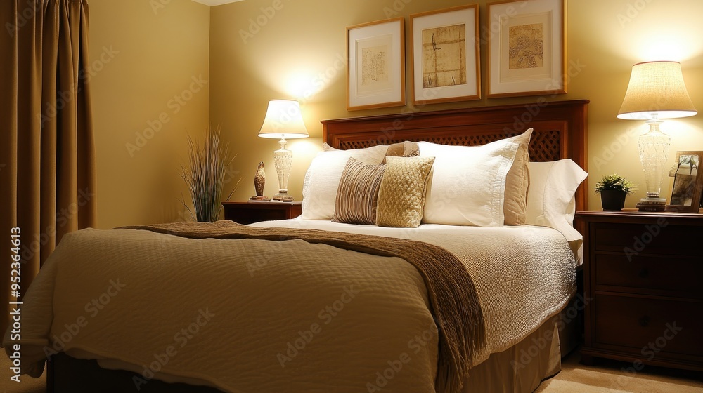Elegant guest bedroom with a comfortable bed, tasteful furnishings, and soft lighting, creating a welcoming space for visitors. Elegant guest bedroom with a comfortable bed, tasteful furnishings, and soft lighting, creating a welcoming space for visitors.