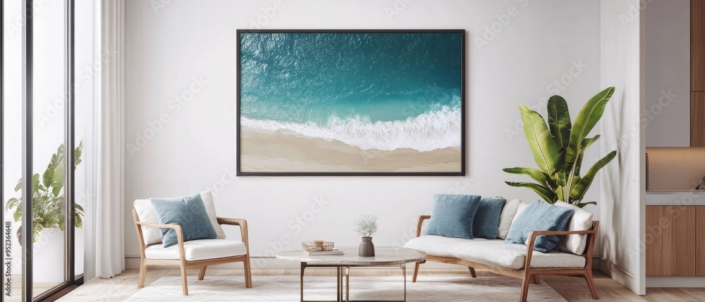 A living room with a large framed picture of a beach on the wall A living room with a large framed picture of a beach on the wall