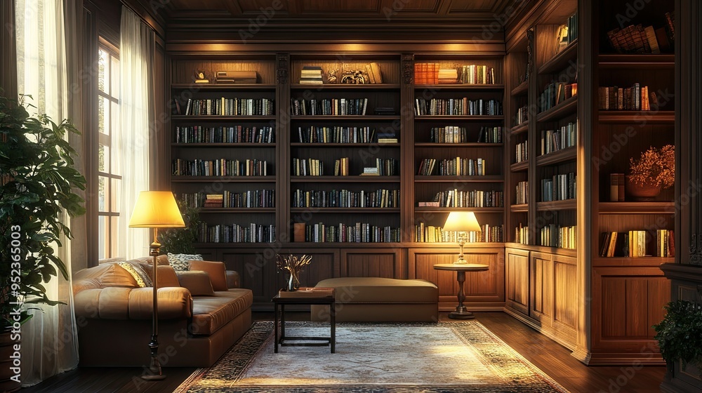 Elegant home library with built-in shelves, comfortable seating, and warm lighting, ideal for reading and relaxation. Elegant home library with built-in shelves, comfortable seating, and warm lighting, ideal for reading and relaxation.