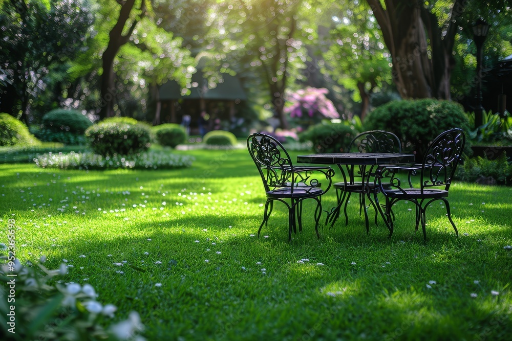 Outdoor Seating Area with Green Lawn, Garden Furniture, Tables and Chairs among Flowerbeds in a Park Setting Outdoor Seating Area with Green Lawn, Garden Furniture, Tables and Chairs among Flowerbeds in a Park Setting