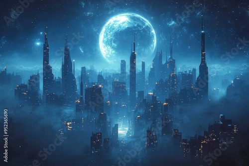 Futuristic Cityscape under a Full Moon and Starry Sky