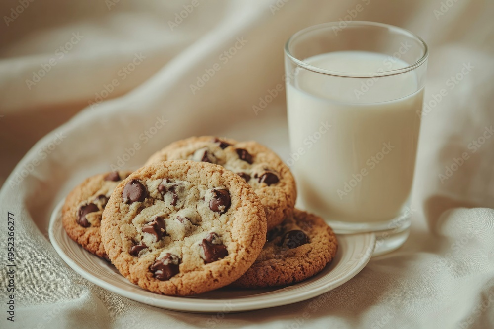 Chocolate Chip Cookies and a Glass of Milk on a White Surface Chocolate Chip Cookies and a Glass of Milk on a White Surface