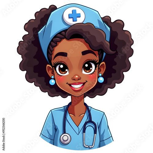afro women cartoon nurse with a stethoscope on her head