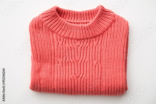 A neatly folded coral pink sweater, top view, isolated on a white background