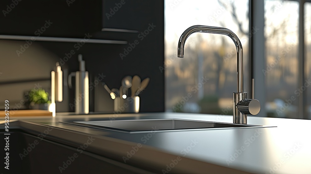 Modern kitchen sink with a stylish gooseneck faucet, spacious basin, and sleek countertop, perfect for a functional kitchen environment. Modern kitchen sink with a stylish gooseneck faucet, spacious basin, and sleek countertop, perfect for a functional kitchen environment.