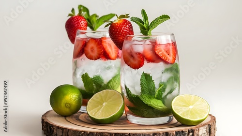 Two mojito cocktails with strawberry and lime fruits isolated on white background