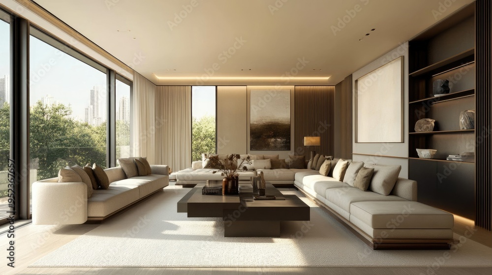 Fototapeta premium Modern living room with sleek furniture, large windows, and neutral color scheme, creating a spacious and inviting atmosphere.