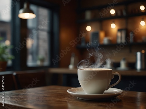 A Steaming Cup of Coffee in a Tranquil Cafe, Capturing the Essence of Warmth and Peace in a Quiet Urban Setting