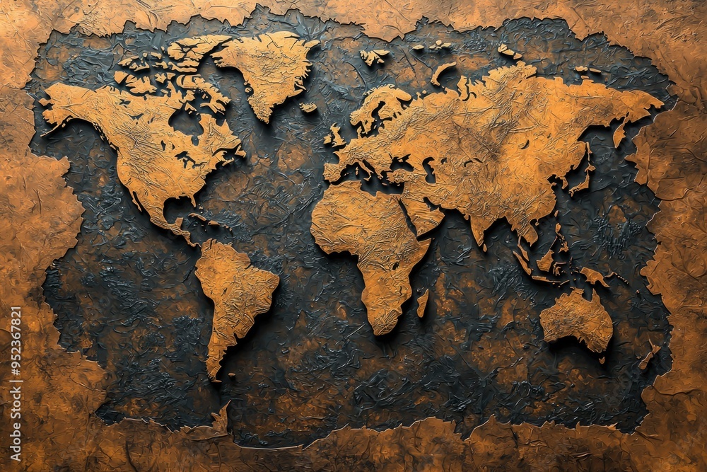 Fototapeta premium Embossed World Map on a Rusted Metal Surface