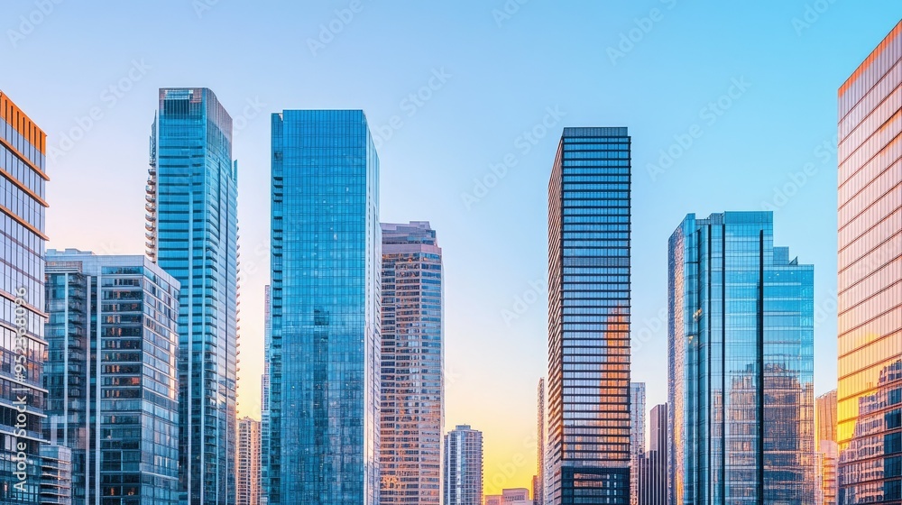 Modern skyscrapers in a city skyline, showcasing sleek glass facades and high-rise architecture against a clear blue sky. Modern skyscrapers in a city skyline, showcasing sleek glass facades and high-rise architecture against a clear blue sky.