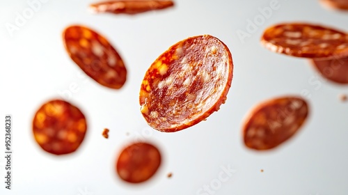 Pepperoni slices flying isolated on white background Sausage slices floating on white background Pizza pepperonis flying isolated on white background : Generative AI photo