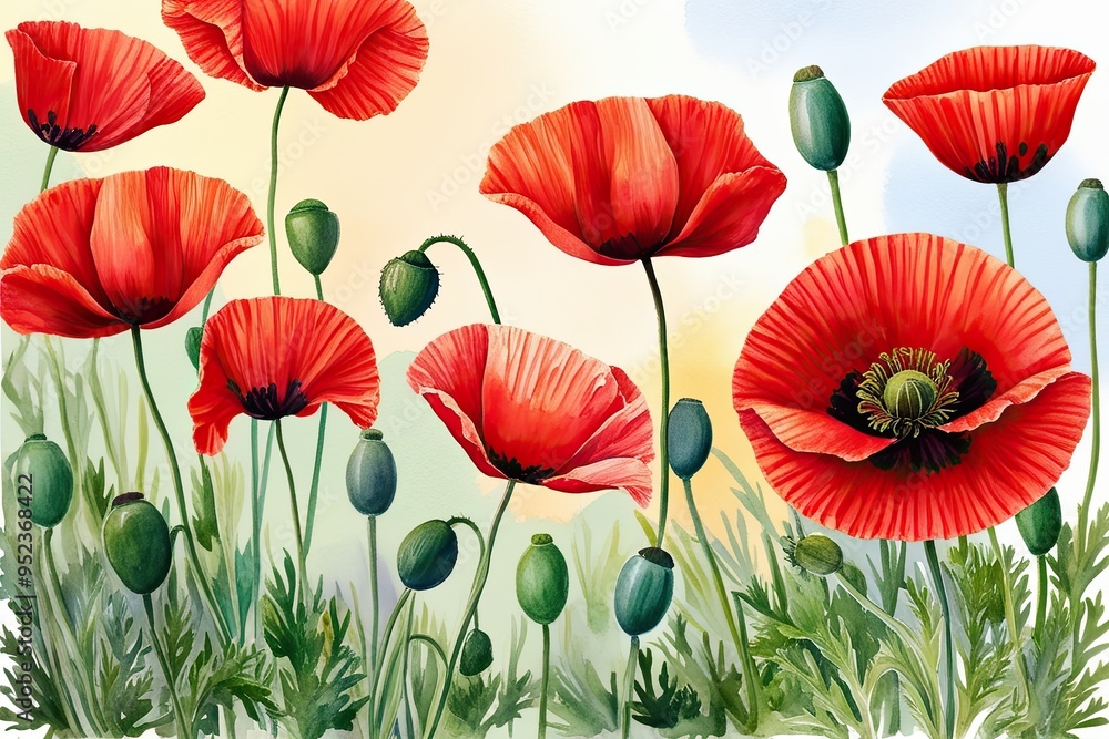 Obraz premium Stunning Watercolor Art of Bright Red Poppies on Soft Pastel Background
