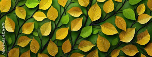 Seamless leaf pattern wall with green and yellow autumn leaves background.