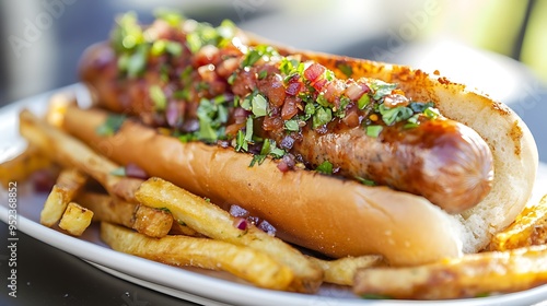 Large sausage in a hotdog bun served with spicy fries, Generative AI 