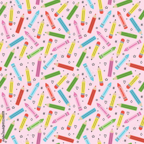 School background with crayons. Seamless pattern. Vector illustration