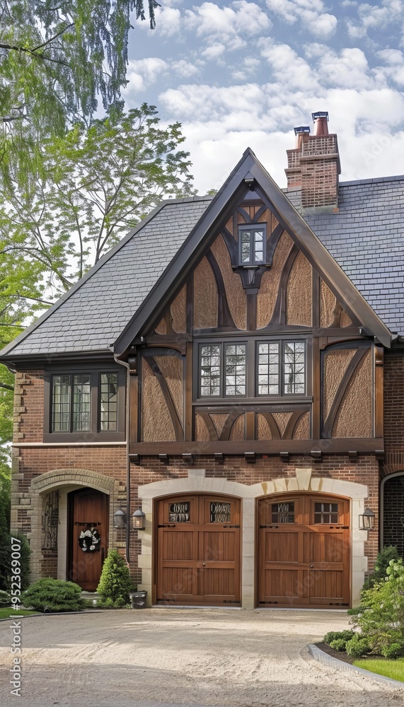 Charming tudor style family home with gable roof and ornate timber framing details Charming tudor style family home with gable roof and ornate timber framing details