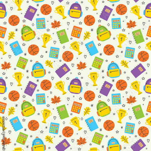 Cute school background with hand drawn icons. Seamless patten design. Vector illustration