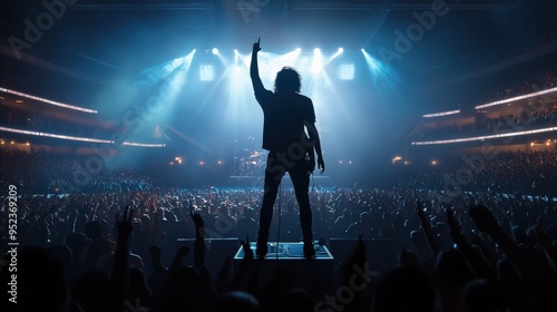 A rock star performs on stage in front of a large crowd silhouette. Cyberpunk tone Bokeh photo