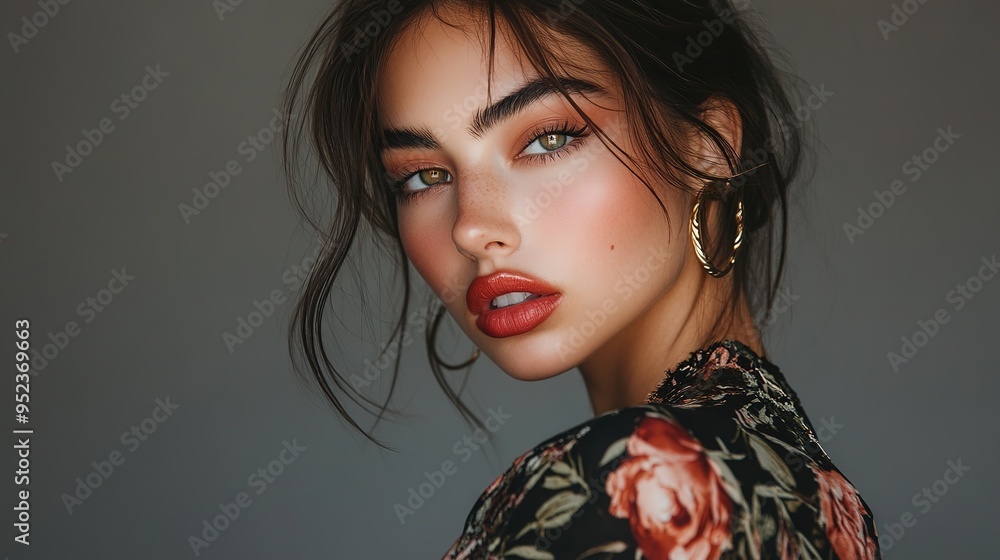 Fototapeta premium Fashion beauty portrait with emphasis on bold colors and fashionable accessories