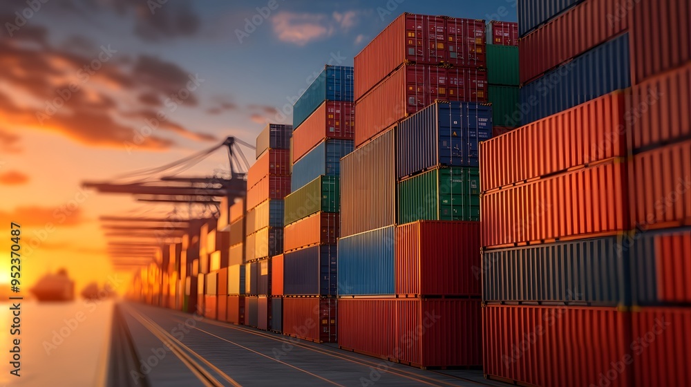 Fototapeta premium Vibrant sunset over a port filled with stacked shipping containers, highlighting logistics and international trade in a dynamic landscape.