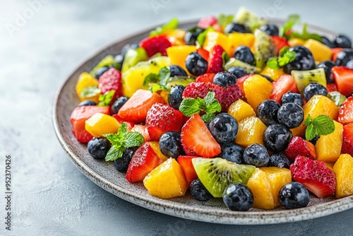 Fresh Fruit Salad with Mango, Strawberry, Blueberry, and Kiwi