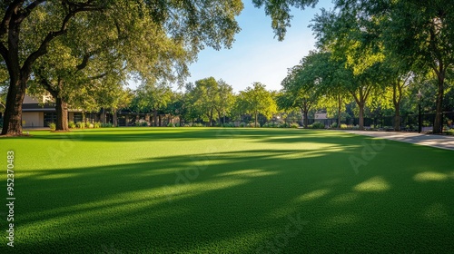 Wide view of an artificial grass installation at a public park, featuring clean and green lawn areas for recreational use