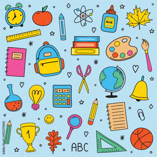 Cartoon school icon set. Colourful hand drawn stickers. Vector illustration