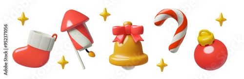 Christmas 3d vector icons set. Red and white xmas holiday emoji in a cute three dimensional plastic style. Stocking, firework, jingle bell with a bow, candy cane and ornament. 