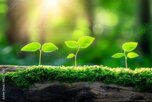 A few young plants grow on the mossy log, with green leaves and sunlight shining through them. The background is a deep forest 