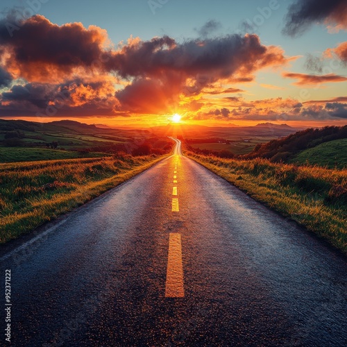 Inspirational Go the Extra Mile saying with a road and sunrise background.  photo