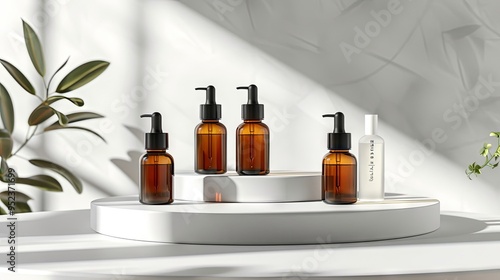 Various cream or serum bottles on a white stage No labels Natural beauty concept