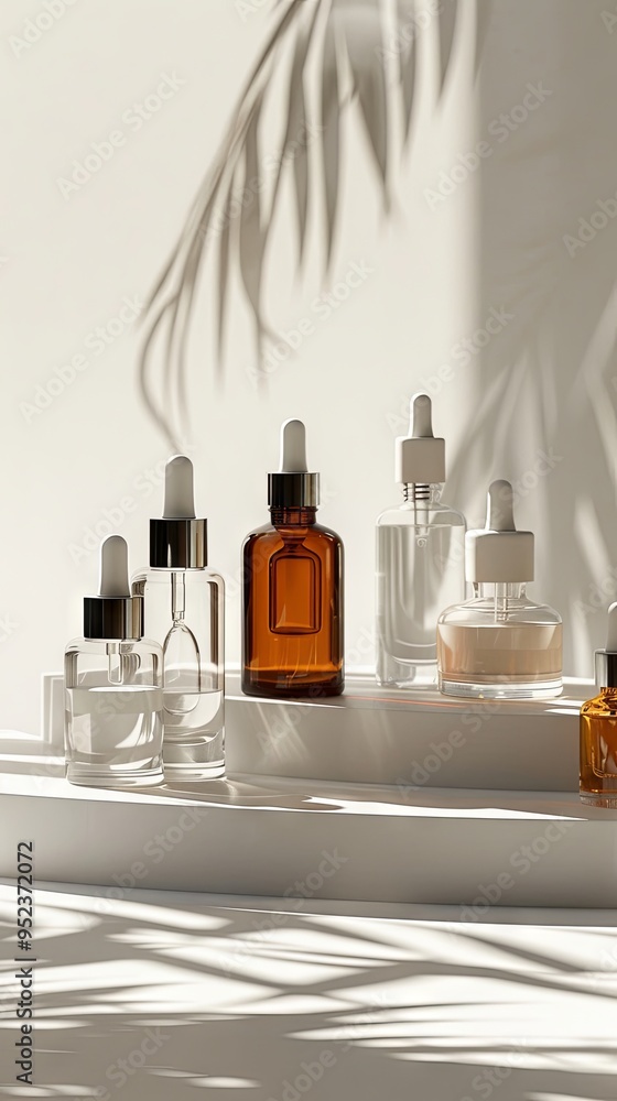 Various cream or serum bottles on a white stage No labels Natural beauty concept Various cream or serum bottles on a white stage No labels Natural beauty concept