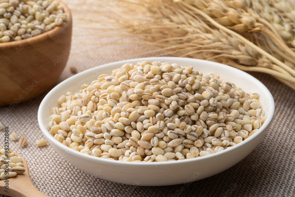 Uncooked barley grain seeds, pearl barley in white plate on wood table Uncooked barley grain seeds, pearl barley in white plate on wood table