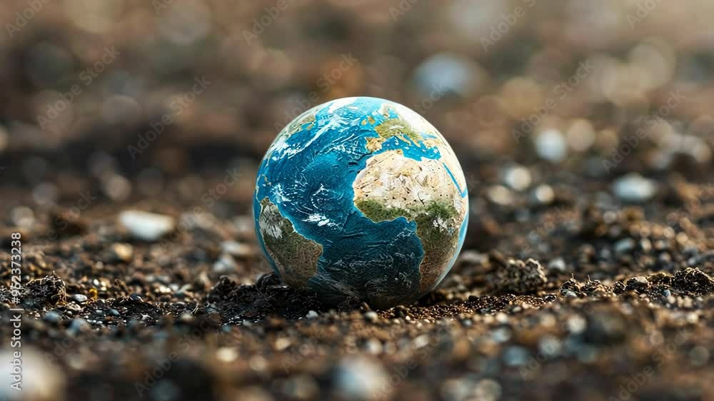 Exploring a miniature Earth resting on a sandy surface under soft natural light at a tranquil location Exploring a miniature Earth resting on a sandy surface under soft natural light at a tranquil location