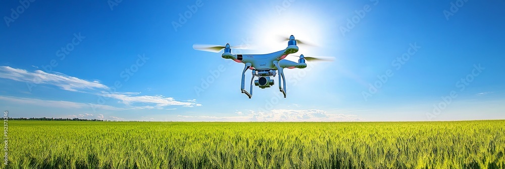 Aerial Drone Flying Over Vibrant Green Field with Clear Blue Sky Aerial Drone Flying Over Vibrant Green Field with Clear Blue Sky