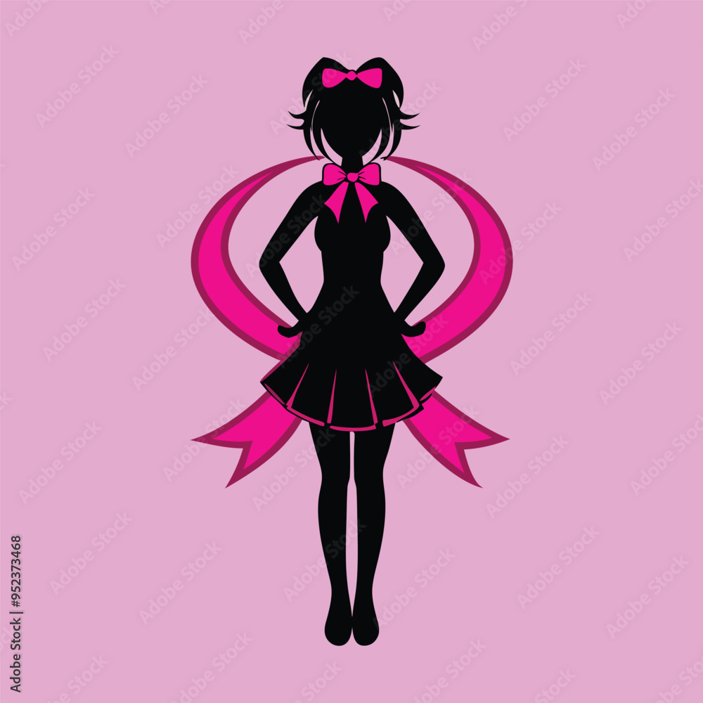 A silhouette of a strong woman standing tall with the pink ribbon prominently featured, symbolizing resilience A silhouette of a strong woman standing tall with the pink ribbon prominently featured, symbolizing resilience