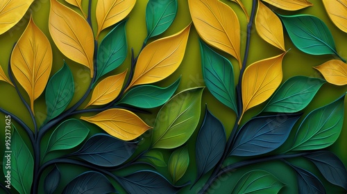 Seamless leaf pattern wall with green and yellow autumn leaves background.
