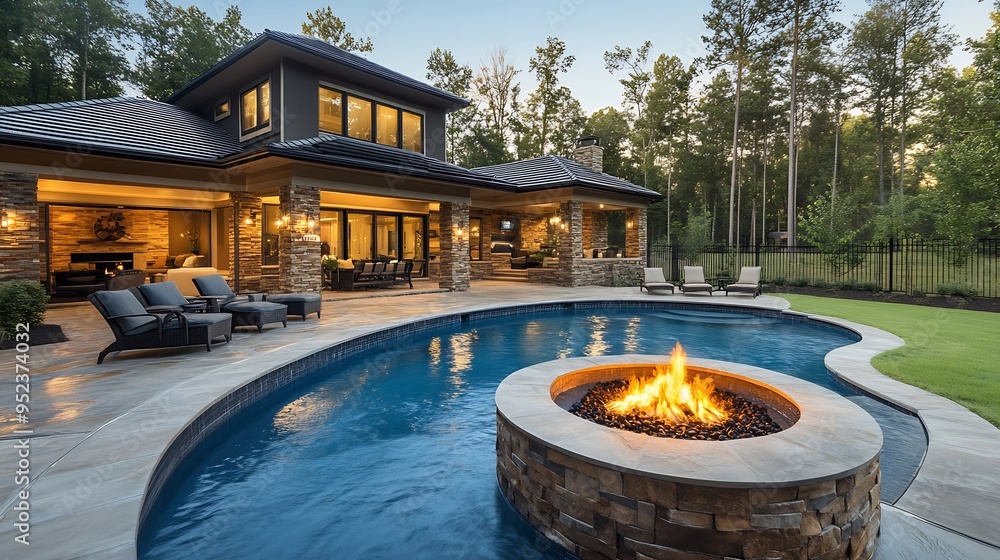 New home beautiful backyard with custom pool with fire pit : Generative ...