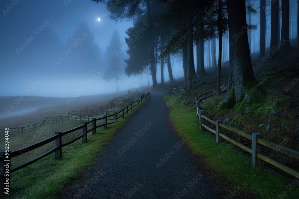 Fototapeta premium Enchanted Forest Pathway at Twilight: A Mystical Route Through Foggy Landscapes